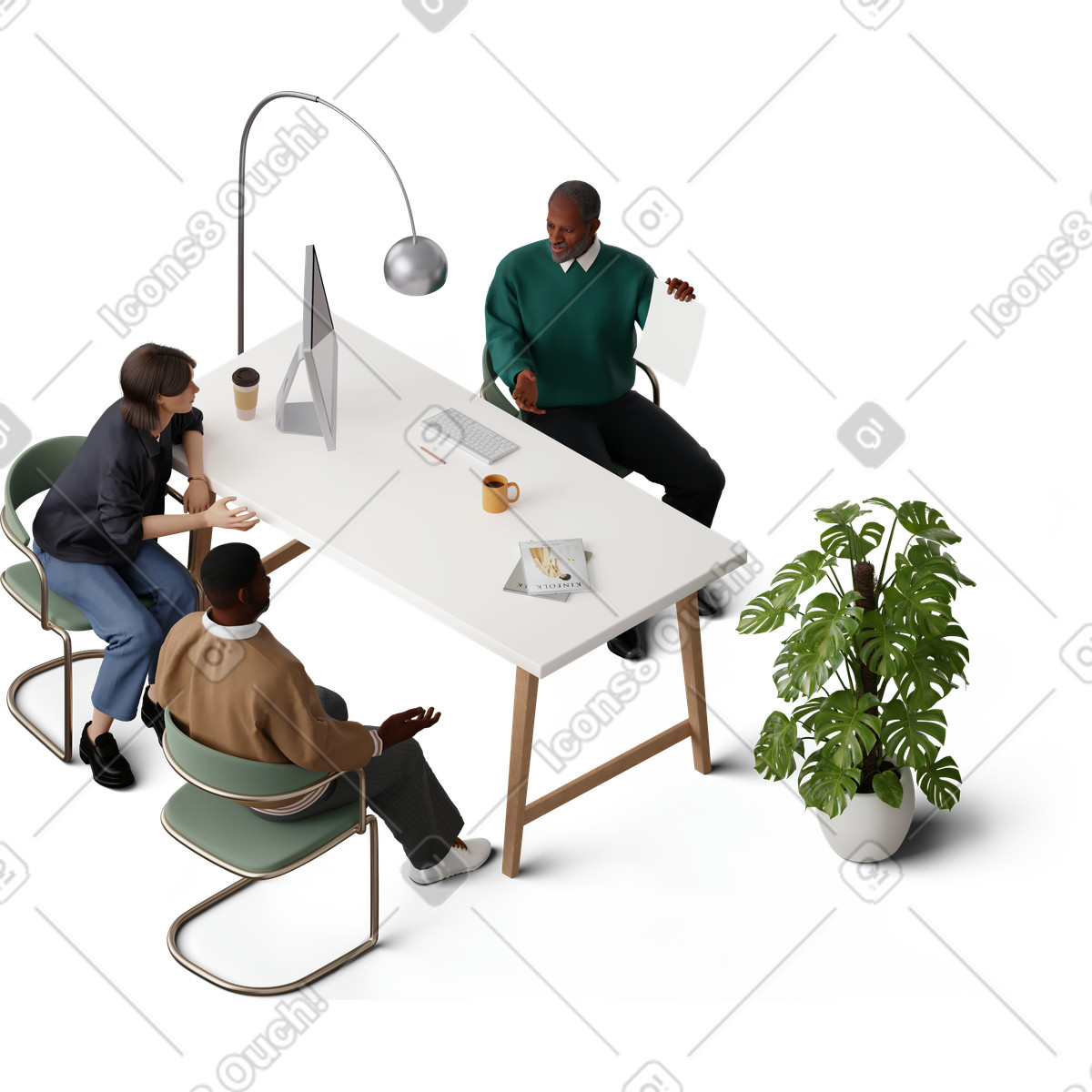 Isometric view of colleagues having meeting illustration in 3D Hygge style download in PNG, SVG