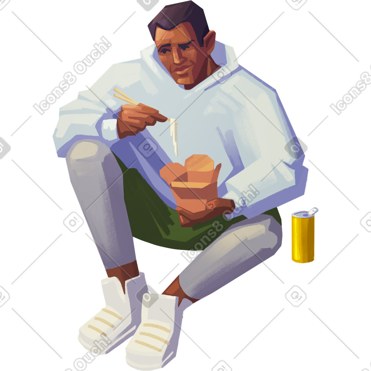 Lush スタイルの Man sitting and eating wok のイラストをPNG、SVG形式でダウンロード