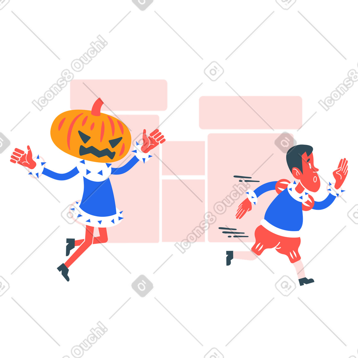Illustration Un homme s'enfuit d'un monstre d'halloween dans le style Kingdom à télécharger aux formats PNG, SVG