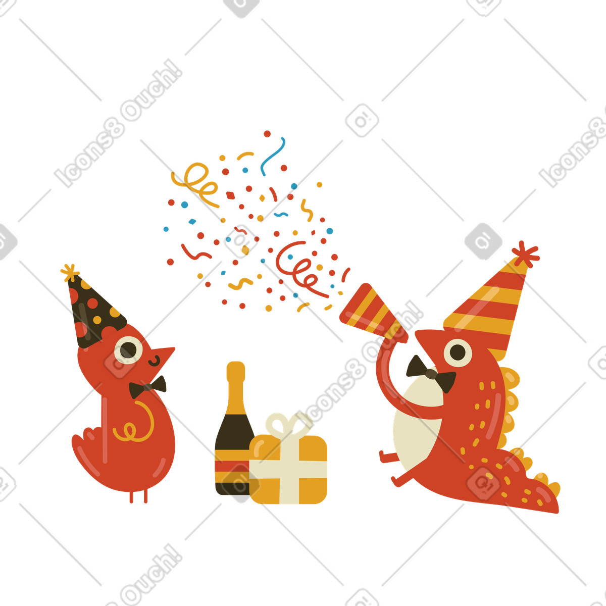 Birthday celebration with gift, confetti, and champagne bottle illustration in PNG, SVG