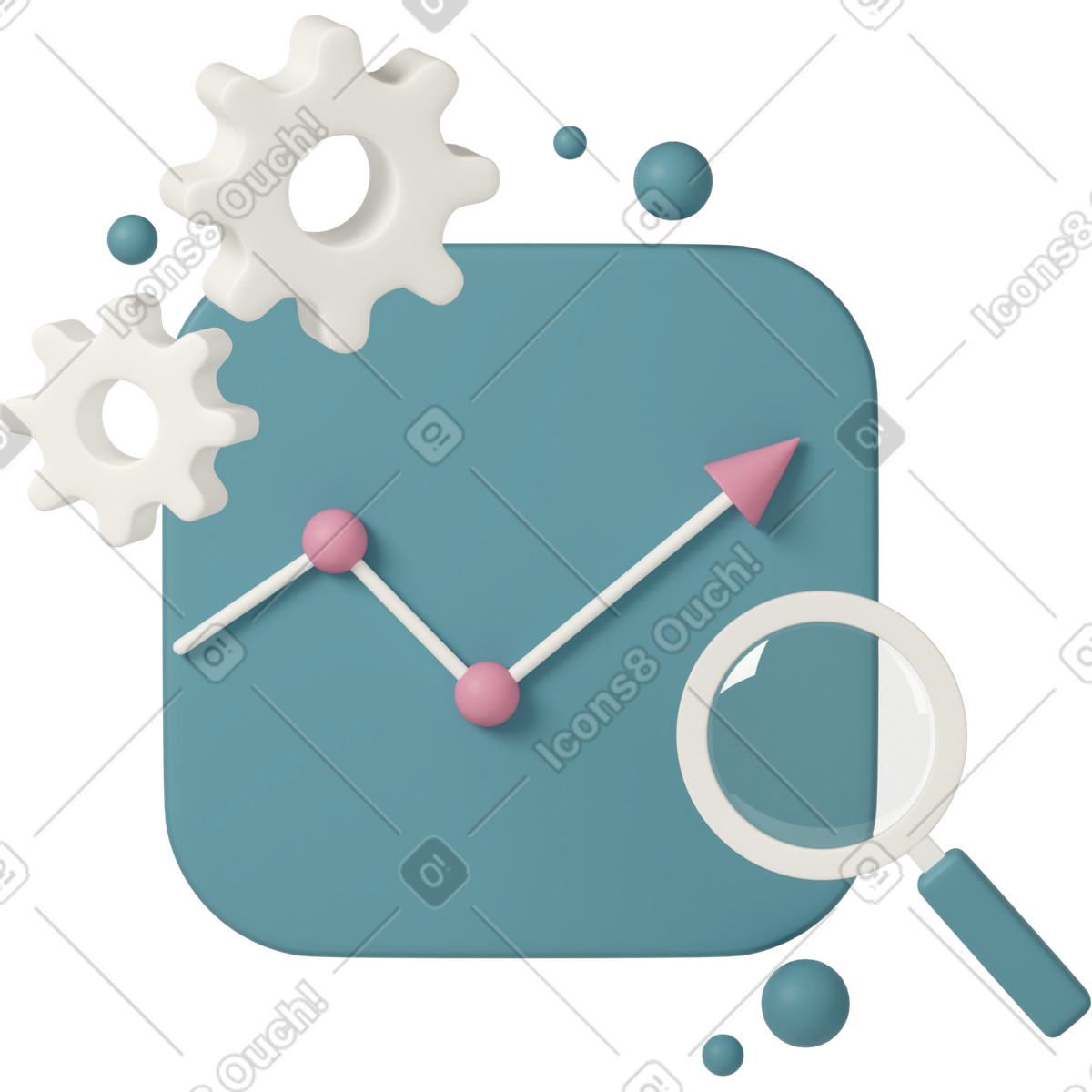 3D Casual life 스타일의 Magnifying glass with chart and gears 일러스트레이션 PNG, SVG 다운로드