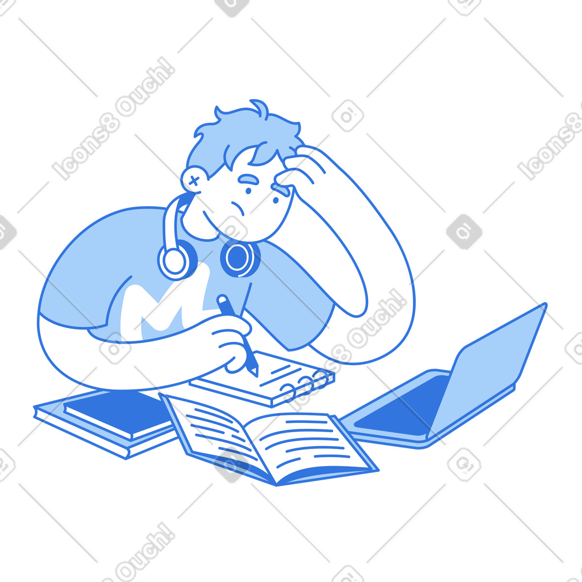 Overwhelmed illustration depicting a student with a laptop and notebooks, clipart for educational challenges in PNG, SVG