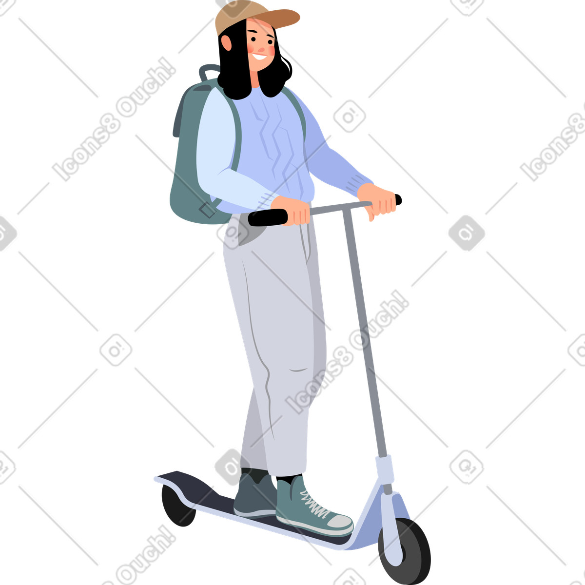 Ragazza in un berretto con uno zaino su scooter illustrazione stile Lagom scarica PNG, SVG