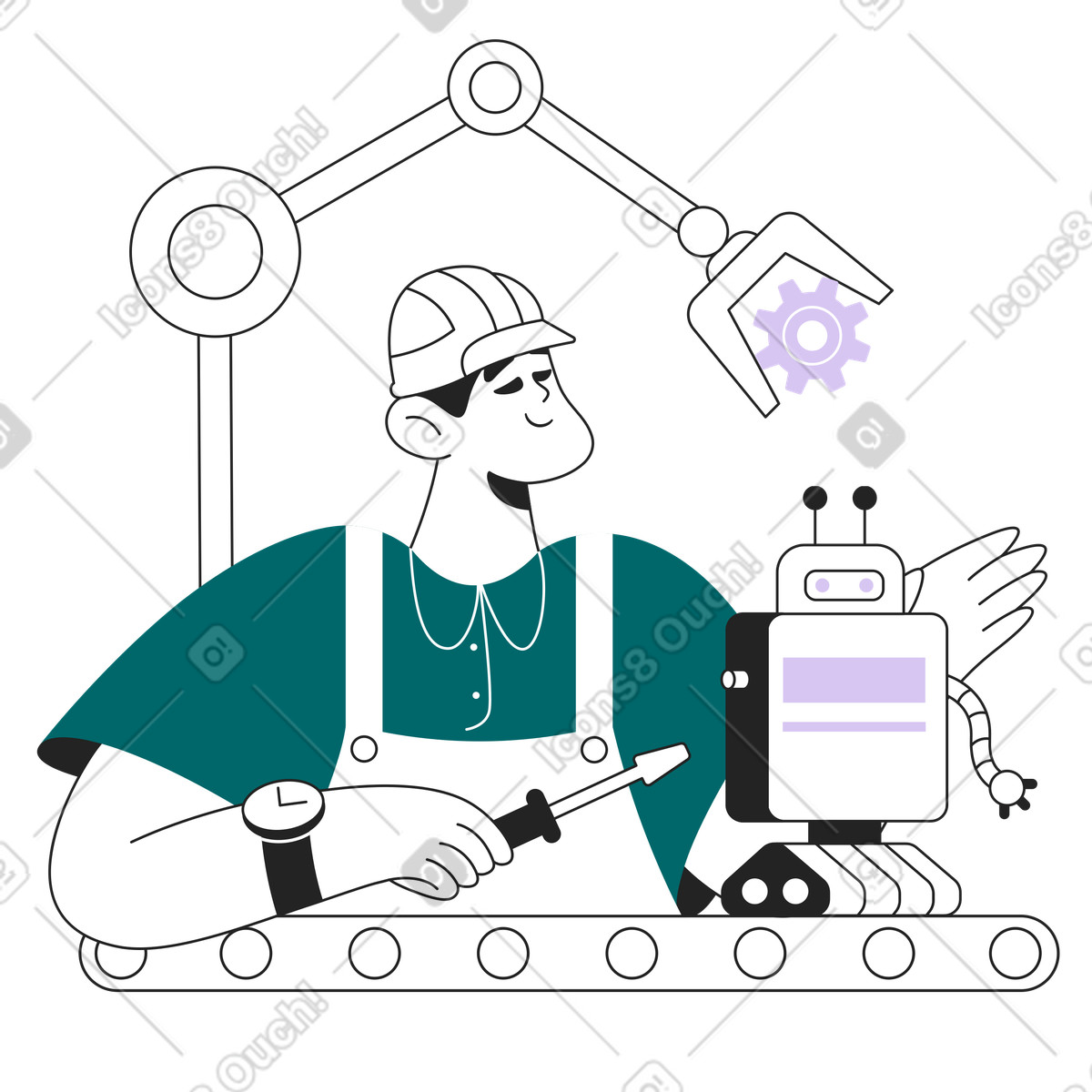 Illustration Ingénieur en robotique assemblant un robot dans le style Sammy Line à télécharger aux formats PNG, SVG