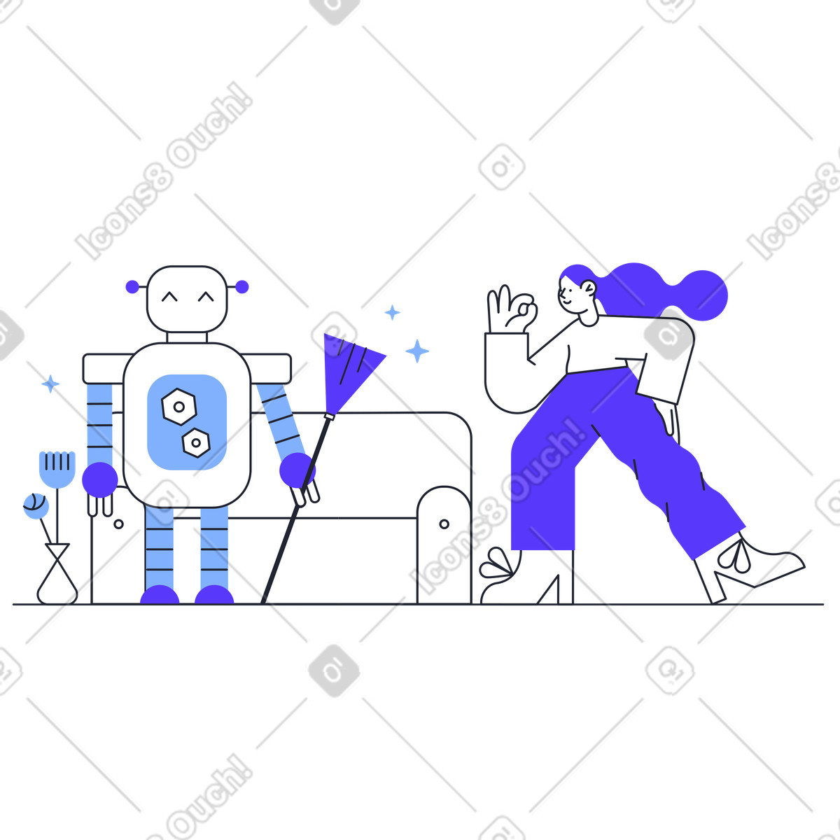 Ilustración La chica está feliz con el robot de limpieza. en estilo Pablita a descargar en PNG y SVG