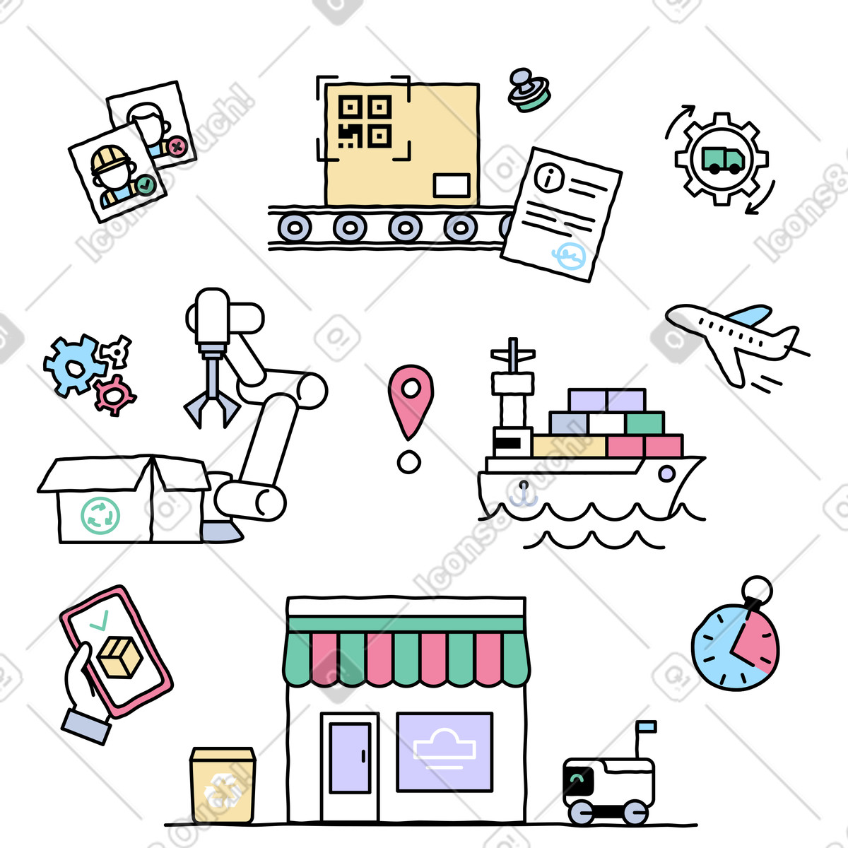 Logistics flow with ship, conveyor belt, robotic arm and warehouse, Global delivery supply chain illustration in Notes style download in PNG, SVG