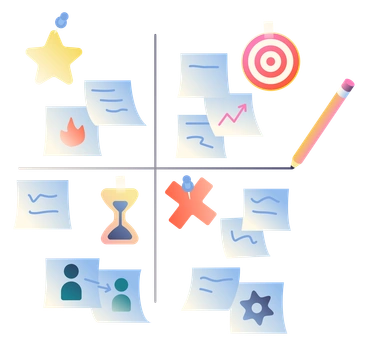Various icons and notes representing workflow concepts - Beam style illustration
