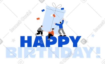 Inscription joyeux anniversaire ! avec des personnes tenant le texte d'une boîte cadeau PNG, SVG