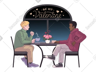 Two men on a date in cafe PNG, SVG