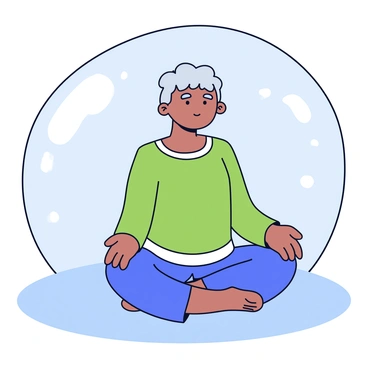 A person sitting cross-legged, dressed in comfortable, loose-fitting clothing. Their hands rest gently on their knees, and their eyes are closed, indicating a deep state of meditation. Surrounding the person is a translucent bubble that symbolizes tranquility, with soft gradients of blue and green. The bubble appears to float above a serene surface, reflecting subtle hints of light. The atmosphere is calm, and the person is centered within this protective bubble, embodying peace and stillness.