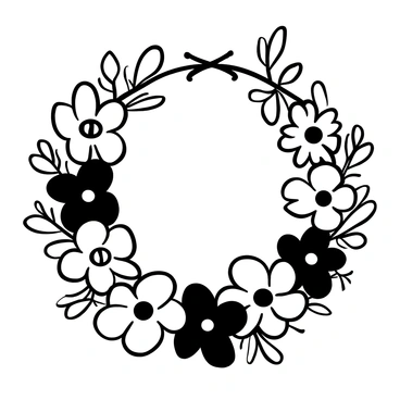 A circular necklace composed of fresh flowers and leaves. The flowers are varied in shape and size, each one distinct and detailed, interspersed with lush green leaves. The arrangement showcases a harmonious blend of floral elements, creating an intricate pattern. The necklace is resting on a textured surface, with some petals gently falling around it.