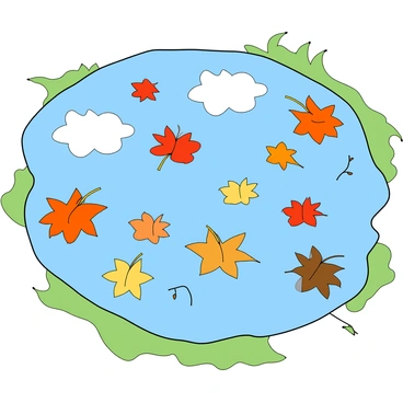 Colorful autumn leaves floating on the surface of a clear puddle