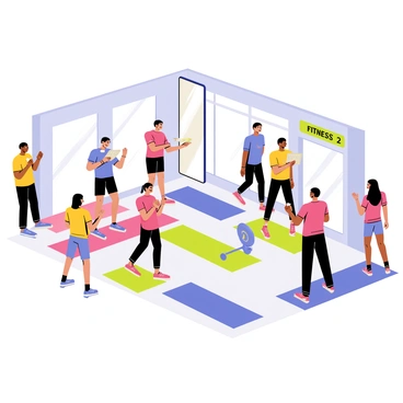 A fitness clinic taking place inside a spacious gym. The gym is equipped with modern exercise machines and weights. Several fitness professionals are engaged with participants, demonstrating various exercises. One professional is showing a stretching technique while another is explaining proper weightlifting form. Colorful exercise mats are spread across the floor, and a large mirror reflects the activities happening in the clinic. Participants are actively involved, some taking notes while others practice the exercises. "Fitness Clinic" is prominently displayed on a banner above the area.