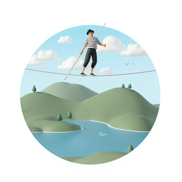 A tightrope walker, dressed in a black and white striped outfit with a small hat, is balancing carefully on a thin wire. He holds a long pole with both hands to maintain his balance. Below him, a scenic landscape unfolds, featuring rolling green hills, a sparkling blue lake, and a vibrant sky with fluffy white clouds. Small trees dot the hills, and a few birds are flying in the distance. The tightrope is stretched high above the ground, emphasizing the height of the performance.