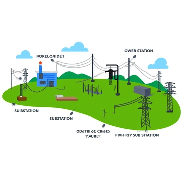 An illustration of a power distribution network featuring various labeled components. The network includes a central power station represented by a rectangular building with a smokestack. Connected to the station are several power lines leading to numerous substations, depicted as smaller rectangular buildings with transformers on top. There are utility poles scattered throughout the image, holding up thick cables. Each component, including the power station, substations, and utility poles, is clearly labeled with bold text. The background features a simple landscape with low hills and a clear sky to enhance visibility.