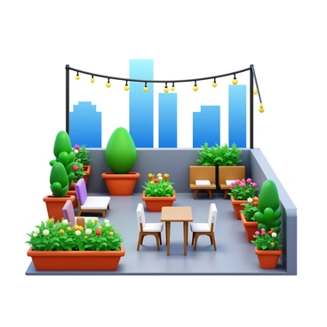 A rooftop garden with various types of lush green plants and flowers. There are planters filled with colorful blossoming flowers. In the background, a city skyline with tall buildings can be seen. The rooftop is furnished with comfortable seating areas, including a small table and chairs. There are also decorative string lights hanging above, adding a cozy atmosphere.