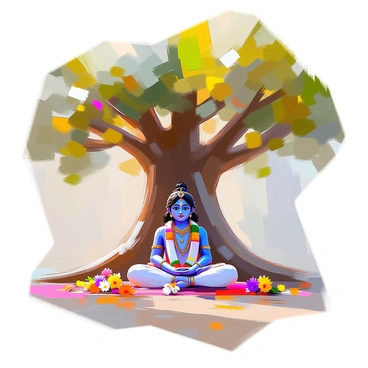 A scene featuring "Krishna", depicted with dark skin and a serene expression, resting comfortably under a massive "banyan tree" with wide, spreading branches. The tree's dense foliage casts a shadow, creating a cooler atmosphere below. "Krishna" is seated cross-legged on the ground, wearing traditional attire adorned with intricate patterns. His blue skin contrasts gently with the earthy tones of the ground and the vibrant green leaves above. Around him, a few colorful flowers are scattered, adding a touch of brightness to the serene setting. The sunlight filters through the branches, creating dappled light on "Krishna".