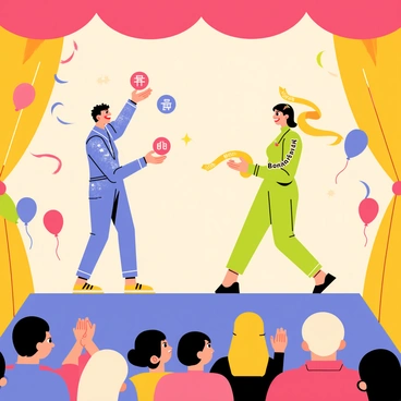 A duo of performers on a colorful circus stage, with vibrant red and yellow curtains in the background. One performer is dressed in a sparkling blue outfit, juggling glowing balls labeled with various language symbols such as "汉字" for Chinese and "abc" for English. The other performer is in a green costume, gracefully dancing while holding a ribbon with the word "Bonjour" written on it, representing French. Spectators in the audience are clapping and smiling, with a whimsical atmosphere created by balloons and streamers flying through the air.