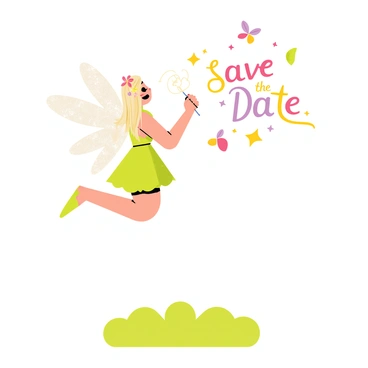 A whimsical fairy with translucent wings is hovering above a soft, grassy ground. She has long, flowing hair adorned with tiny flowers and wears a sparkling green dress. In her hand, she holds a shimmering wand, which leaves a trail of glowing light as she writes the words "Save the Date" in the air. The letters are formed in bright, swirling colors that twinkle like stars. Surrounding the fairy are colorful butterflies and small, twinkling lights that add to the enchanting atmosphere.