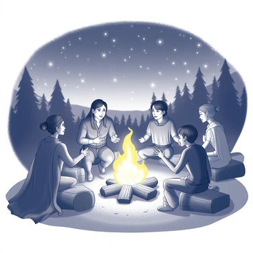 A diverse group of heroes is assembled around a campfire in a natural setting. The campfire emits a warm glow, illuminating their faces as they sit on logs and the ground. Each hero displays unique attire, showcasing various cultural backgrounds and styles. One hero, with a long cloak, gestures animatedly while sharing a story, while another listens intently, leaning forward with interest. The night sky is filled with numerous stars, casting a twinkling light above them. The surrounding landscape includes silhouettes of trees, creating a sense of depth and tranquility in the scene.