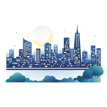 A city skyline is depicted at night with tall skyscrapers silhouetted against the dark sky. The buildings have intricate details, showcasing windows and architectural features created with fine pen and ink lines. A crescent moon is visible above the skyline, casting a soft glow over the city. Tiny stars twinkle in the night sky, adding to the ambiance. In the foreground, there are silhouettes of trees, and a faint outline of a river reflects the skyline.