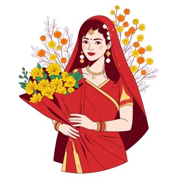 An Indian bride wearing a vibrant red and gold bridal lehenga is holding a bouquet of bright marigolds. The bouquet is elegantly arranged with various green leaves peeking through. Surrounding her are intricate floral decorations made up of yellow and orange flowers, creating a rich backdrop. The bride's hair is adorned with delicate white jasmine flowers, complementing her traditional look. The scene is filled with various floral elements that enhance the festive atmosphere of the occasion.