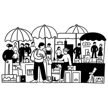 A person carrying multiple bags stands among various stalls at a crowded flea market. They are inspecting a vintage item with a focused expression. Surrounding them are colorful umbrellas and a diverse crowd of shoppers engaged in conversation. Stalls filled with an assortment of goods, including antique furniture, handmade crafts, and clothing, can be seen in the background. A "Sale" sign is prominently displayed near one of the tables, drawing attention to the bargains available.