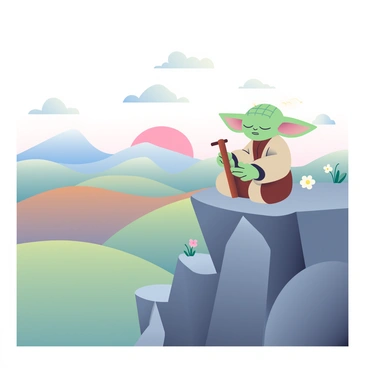 Yoda, a small green humanoid with large ears, is perched on a rugged, gray rocky cliff. He is in a meditative pose, sitting cross-legged with his gimer stick resting beside him. His wise, wrinkled face is turned slightly to the side, gazing thoughtfully at the vast landscape below. The scene reveals rolling hills in shades of green and brown, stretching towards the horizon where the sky transitions from light blue to soft pink near the setting sun. Wispy clouds are scattered across the sky, and a distant mountain range creates a majestic backdrop. The cliff is dotted with small patches of grass and tiny wildflowers, adding touches of color to the rocky surface.