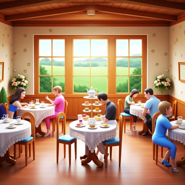 A quaint tea room with rustic wooden beams and large windows letting in soft natural light. The room has several round tables, each adorned with delicate lace tablecloths and fine china teacups. Guests are seated at these tables, enjoying afternoon tea, with a variety of pastries and sandwiches displayed on tiered cake stands. A pot of steaming tea sits on each table, and some guests are engaged in conversation, while others are sipping their tea. The walls are decorated with floral wallpaper, and there are fresh flowers in vases placed around the room. Outside the windows, the lush green countryside is visible, enhancing the serene atmosphere of the tea room.