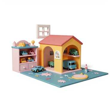 A playroom corner featuring a toy garage designed for miniature vehicles. The garage is painted in bright primary colors, with a red roof and yellow walls. There are various sections for parking the miniature vehicles, including cars, trucks, and a small race car. Each vehicle is brightly colored, showcasing blue, green, and orange hues. Surrounding the garage are shelves filled with toy tools, action figures, and racing tracks. A soft, colorful mat covers the floor, with playful patterns, inviting children to sit and play. A small window allows light to flood the space, enhancing the vibrant atmosphere.