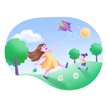 A scene depicting a girl with flowing brown hair, wearing a bright yellow dress, joyfully flying a "colorful kite" against a clear blue sky. The kite features vibrant patterns of red, green, and blue. Surrounding the girl are lush green trees, with a few daisies dotting the grass beneath her feet. The sun shines brightly, casting soft shadows on the ground. In the background, other children can be seen playing, adding to the lively atmosphere of the park.