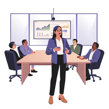 A female broker stands confidently at the front of a modern boardroom. She has medium skin and shoulder-length straight black hair. She is wearing a navy blazer over a white blouse and tailored black trousers. In her hands, she holds a remote for a presentation. Behind her, a large screen displays colorful charts and graphs illustrating financial data. Around the long boardroom table, several investors are seated, attentively listening. The investors consist of a diverse group, including a man with light skin and glasses, a woman with dark skin and curly hair, and a man with medium skin and short hair, all in business attire. The room has large windows letting in natural light, and a sleek design with minimal decorations.