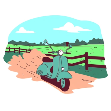 An old moped kicking up dust as it travels down a rural dirt road