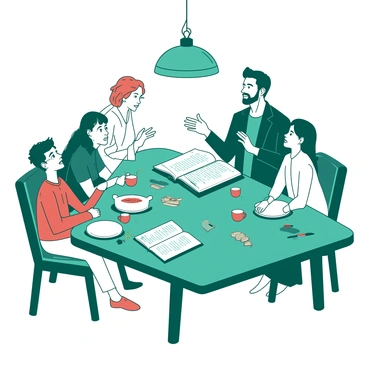A teal dining table is set with various dishes and drinks, featuring a family of four engaged in a lively discussion. The parents, a man and a woman, are sitting at opposite ends of the table, with the man gesturing passionately while speaking. The woman is leaning forward, listening intently with a thoughtful expression. Two children, a boy and a girl, are seated on either side, looking curious and engaged in the conversation. In the center of the table, there is a large book titled "The Constitution" opened, with notes and a few highlighters scattered around it. A warm, inviting atmosphere surrounds the scene, enhanced by soft lighting above the table.