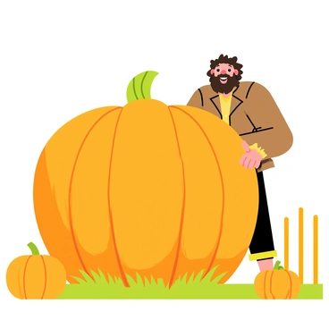 Hagrid, a large man with a bushy beard and wild hair, is proudly standing next to a giant, round orange pumpkin. The pumpkin is enormous, resting on the grass, showcasing its smooth, shiny surface with deep grooves and a vibrant orange color. Hagrid has a wide smile on his face, wearing his usual rugged clothing, including a brown coat and green trousers. The scene captures the excitement of harvest time, with a few smaller pumpkins scattered around, and a wooden fence in the background. The sky above is clear and bright, enhancing the cheerful atmosphere of this moment.