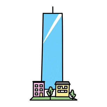A tall skyscraper with a glass facade, reflecting the sunlight, stands prominently in the center. Around it, there are several low buildings with flat roofs, arranged in a neat formation. The small buildings have brick exteriors and large windows, contrasting with the sleek design of the skyscraper. The ground shows a patch of greenery with a few trees, providing a sense of scale to the towering structure above.