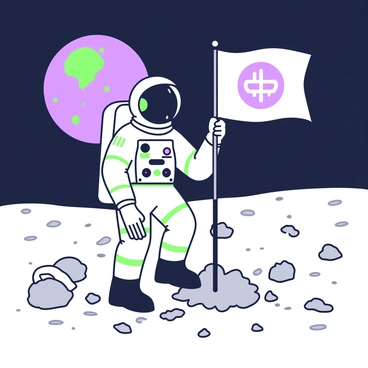 An astronaut in a space suit is planting a flag into the lunar surface. The flag has a clear design featuring a symbol. The astronaut is standing with one leg slightly forward and both hands on the flagpole, firmly placing it into the gray, rocky terrain. The surface around the astronaut is scattered with small lunar rocks and dust. In the background, the Earth is visible, appearing as a vibrant sphere in the dark expanse of space, contrasting with the desolate landscape of the moon. The scene is illuminated by light from the sun, creating sharp shadows on the moon’s surface.