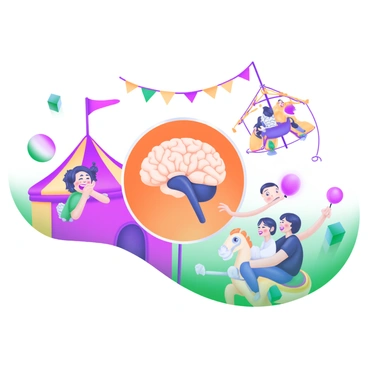 An illustration of the amygdala surrounded by laughter, with joyful characters enjoying a fun day at the fair.