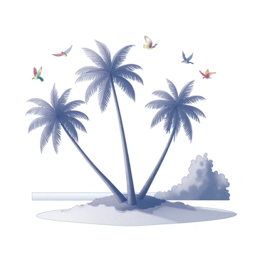 A tropical island landscape features tall palm trees swaying gently in the breeze. The scene shows several colorful birds in flight, soaring gracefully above the tree canopy. The birds have distinct shapes and sizes, with some perched among the fronds. The sandy beach is visible in the foreground, leading to the island's lush greenery in the background. The sky is clear, providing a backdrop for the vibrant activity above the trees.