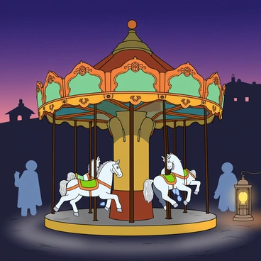 A vintage carousel with ornate decorations and bright painted panels stands in a dimly lit area. The sky above is a gradient of deep purple and dark blue, indicating dusk. There are shadowy figures resembling children in old-fashioned clothing ghosting around the carousel, their outlines faint and translucent. The carousel horses are elaborately crafted, with flowing manes and intricate saddles, but they appear pale and ghostly, almost glowing against the twilight. The ground beneath the carousel is covered in mist, adding to the mysterious atmosphere. An old, rusty pole supports the carousel in the center, and a faint light flickers from a nearby lantern, casting eerie shadows.