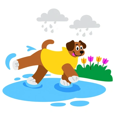 A dog wearing a raincoat, splashing through puddles on a rainy day.