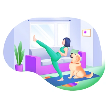 An individual performing a single-leg glute bridge on a yoga mat in their living room. The person has short black hair and is wearing a teal workout outfit. One leg is elevated towards the ceiling while the other foot is planted on the mat. Nearby, a fluffy golden retriever is sitting attentively, watching the individual with interest. The living room features a cozy couch, a potted plant in the corner, and a colorful rug on the floor. Sunlight streams through a window, casting soft shadows across the room.