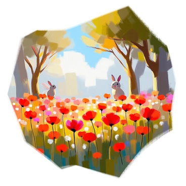 An illustration for a fairytale book depicting a vibrant field of red poppies in full bloom, swaying gently in a light breeze. The scene is set within a magical forest, where tall, lush green trees with intricate, winding branches provide a natural frame around the field. Sunlight filters through the leaves, casting playful shadows on the ground. In the background, fantastical creatures, such as a small fairy with delicate wings and a curious rabbit peeking from behind a tree, add a sense of wonder. The sky is a soft blue with fluffy white clouds, enhancing the enchanting atmosphere of the scene.
