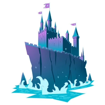 An enchanted castle perched on a steep cliff with tall, jagged edges. The castle is made of dark stone, featuring numerous towers and spires that reach towards the sky. "Banners" with intricate designs are flying high from the battlements, fluttering in a gentle breeze. A soft, glowing "magical aura" surrounds the castle, casting lights in various colors, illuminating the stone walls and creating a mystical atmosphere. Below the cliff, a turbulent ocean crashes against the rocks, adding a dramatic backdrop to this fantastical scene.