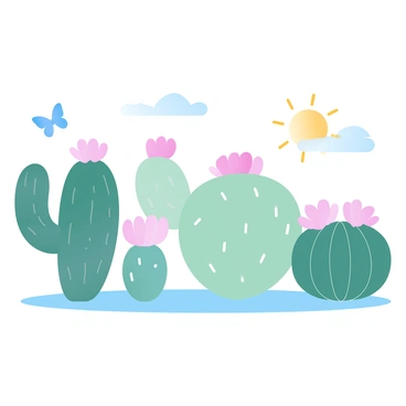 A whimsical family of cacti is arranged in a row, showcasing various shapes and sizes. One cactus is tall and slender, while another is short and round. A third cactus is wide and bushy, each adorned with spines and vibrant flowers. They are positioned under a bright sun that casts soft shadows on the ground. The scene is filled with a pastel color palette, enhancing the playful atmosphere among the cacti. A couple of butterflies flutter around them, adding to the lively setting.