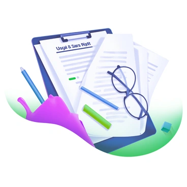 A modern pastel illustration featuring a pile of legal documents. The documents are stacked with visible headings and text, detailing "Usage Rights" for various illustrations. Surrounding the pile are various stationery items, including a blue pen, a green highlighter, and a pair of glasses. A clipboard rests beside the documents, and a soft light casts gentle shadows across the scene.