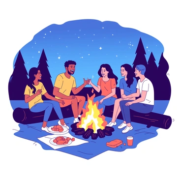 A group of five friends is sitting on logs arranged around a bright orange campfire. The flames are dancing and casting warm light on their faces. Each friend is engaged in sharing stories, with smiles and laughter. One person is gesturing animatedly, while another is leaning in closely, captivated by the tale. The background is filled with a deep blue night sky, scattered with twinkling stars. A few trees are silhouetted against the sky, creating a peaceful atmosphere. There is a blanket spread on the ground with snacks and drinks placed on it.
