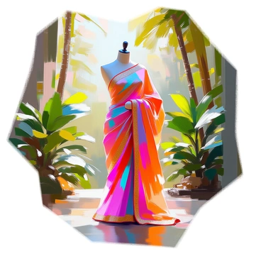 A vibrant saree draped elegantly on a mannequin, showcasing intricate patterns in bright colors such as fuchsia, turquoise, and gold. The saree flows gracefully, highlighting its rich texture and fine detailing. In the background, a lush tropical rainforest thrives, featuring dense green foliage, towering trees, and exotic plants. Sunlight filters through the leaves, casting dappled light across the scene, emphasizing the lively colors of the saree in contrast to the rich greenery. The atmosphere is filled with a sense of natural beauty and vibrant life.