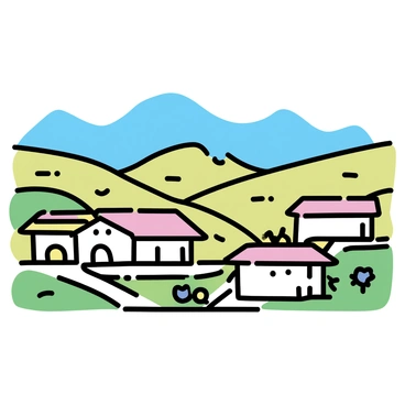 A quaint Ladakhi village featuring several stone and mud-brick homes, each with flat roofs and small windows. The houses are arranged closely together, nestled in a valley. Surrounding the village are vibrant lush fields, showcasing different shades of green and some patches of blooming flowers. In the background, there are gently rolling hills and a clear blue sky overhead, creating a harmonious rural landscape.