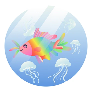 A vibrant rainbow fish with iridescent scales is swimming among a group of elegantly drifting jellyfish. The fish has flowing fins that shimmer in various colors as it moves gracefully through the water. Surrounding it are jellyfish with translucent bodies and long, trailing tentacles, gently bobbing in the water currents. The underwater environment is filled with soft blue tones that create a serene atmosphere, highlighting the colorful interactions between the fish and the jellyfish. Light rays penetrate the water, illuminating the scene and creating a magical underwater ambiance.